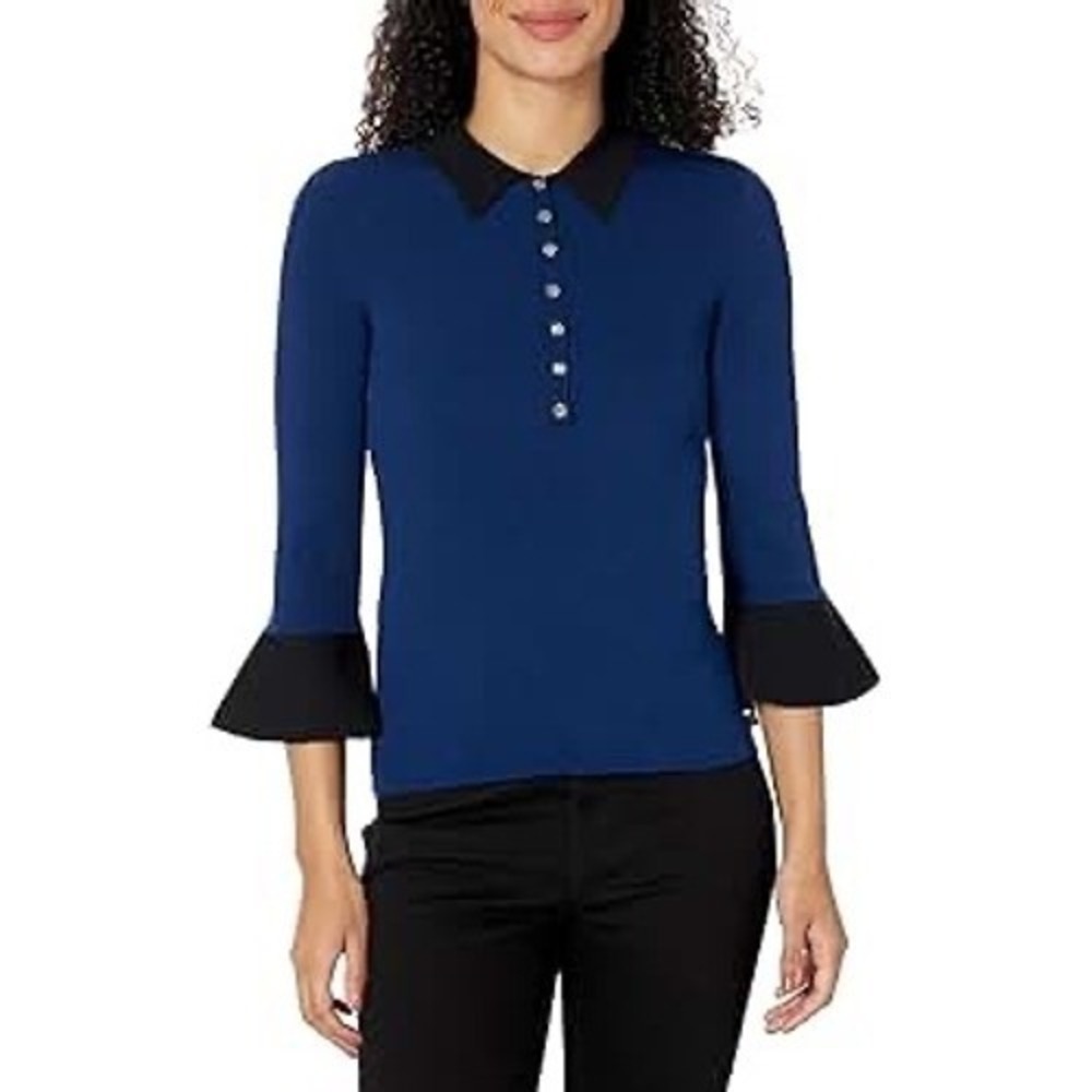 Karl Lagerfeld Paris Womens Ribbed Knit Bell Sleeve Sweater Sz L Blue NWT $125